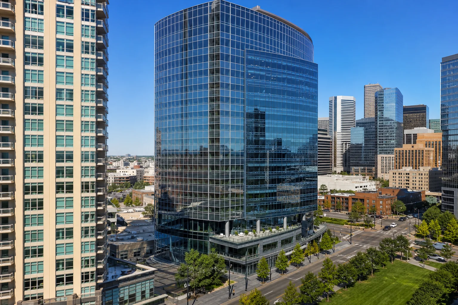 Modern office building at 1675 Broadway Denver Colorado business district, 1200x800