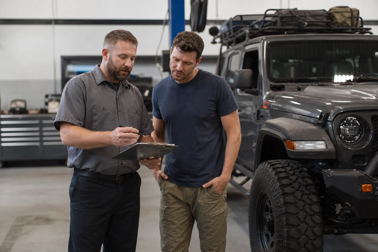 Advisor reviewing off-road diagnostic checklist with vehicle owner in workshop, 1200x800