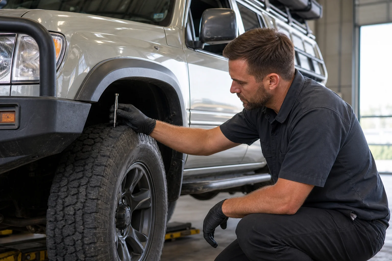 Technician measuring tire tread depth on all-terrain tires mounted on expedition SUV, 1200x800