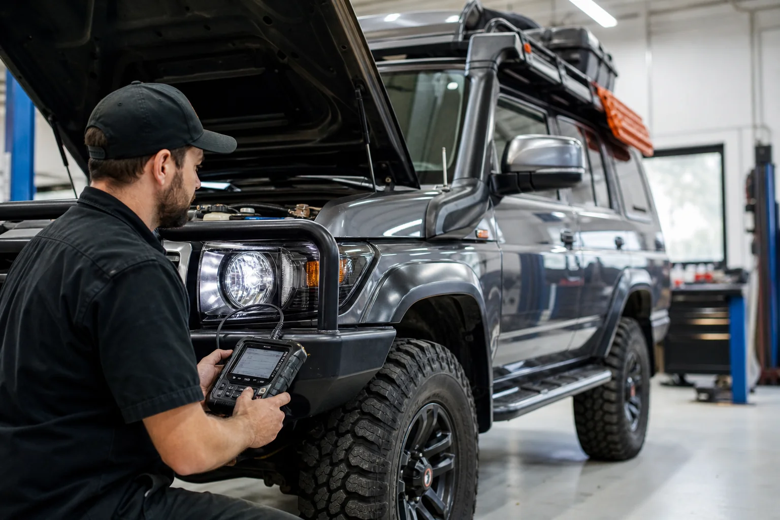 Technician scanning four-wheel drive system on off-road SUV in bright service bay, 1200x800