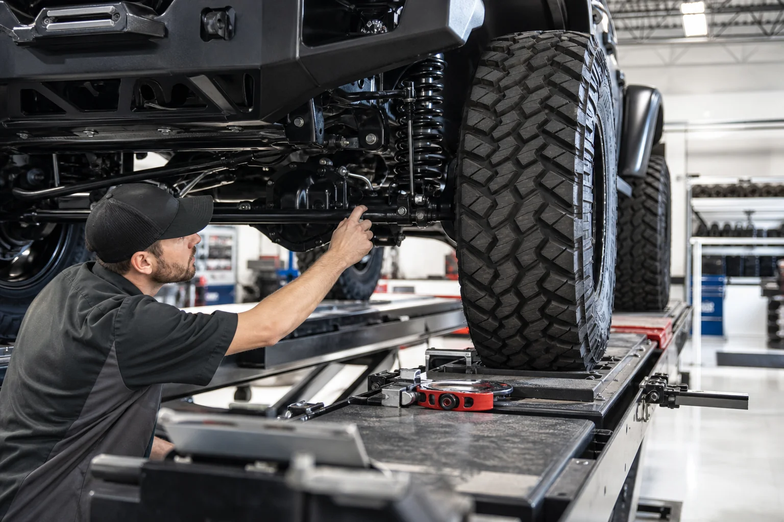 Mechanic inspecting lifted off-road vehicle suspension components on alignment rack, 1200x800